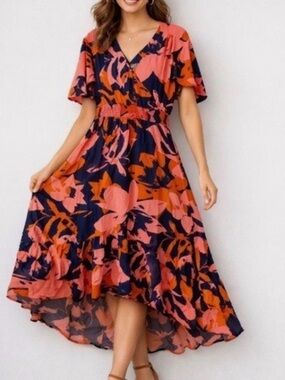 Floral V-Neck High-Low Midi Dress in Coral and Navy